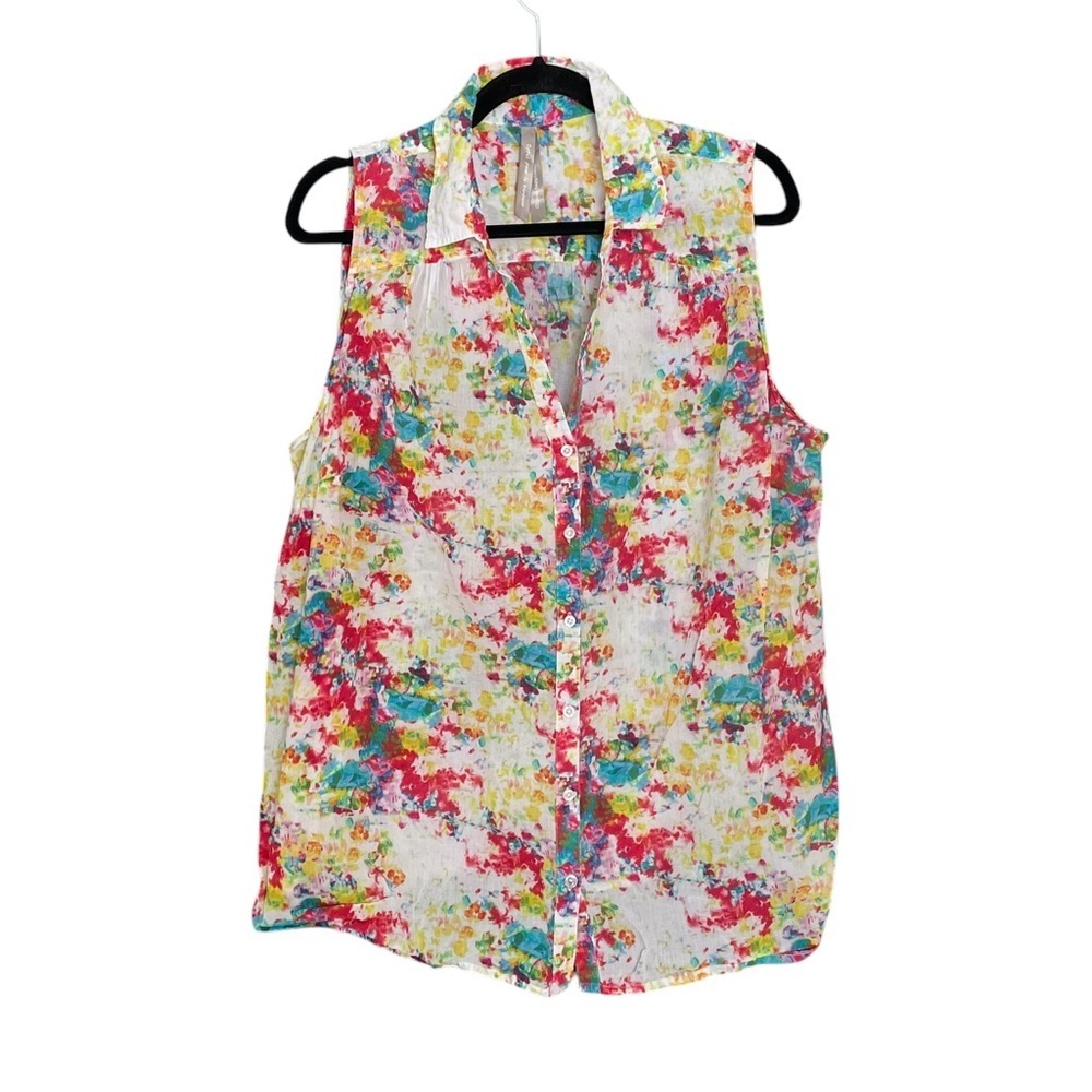 PENNINGTONS Cotton Watercolor Print Sleeveless Button Front Blouse White 1X